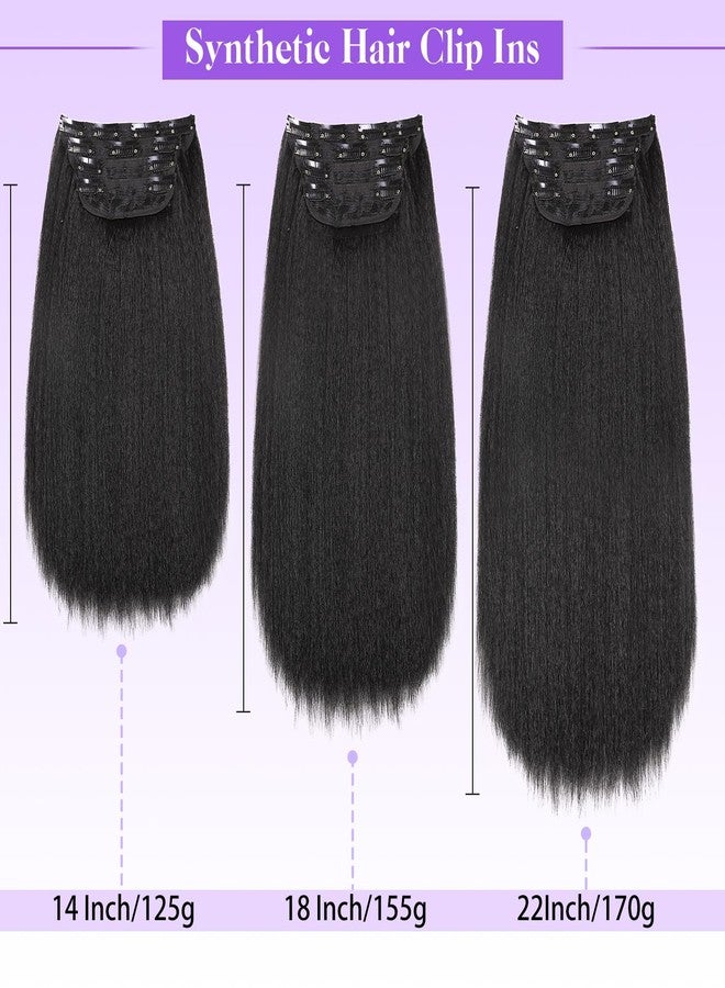 HANNE Kinky Straight Clip ins Hair Extensions Natural Black Full Head Yaki Straight Seamless Clip in Synthetic Hair Pieces for Women (Black, 14 Inch) - Image 5